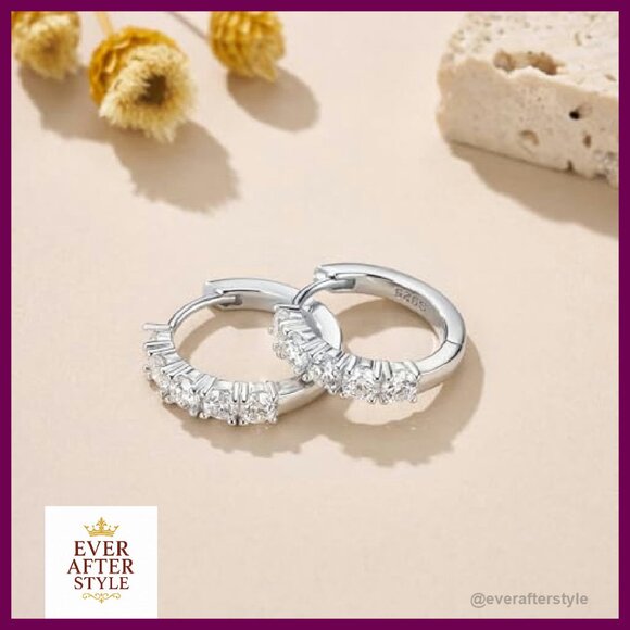 Moissanite Hoop Earrings Hypoallergenic Sterling Silver Gold Plated Studs - Picture 3 of 8